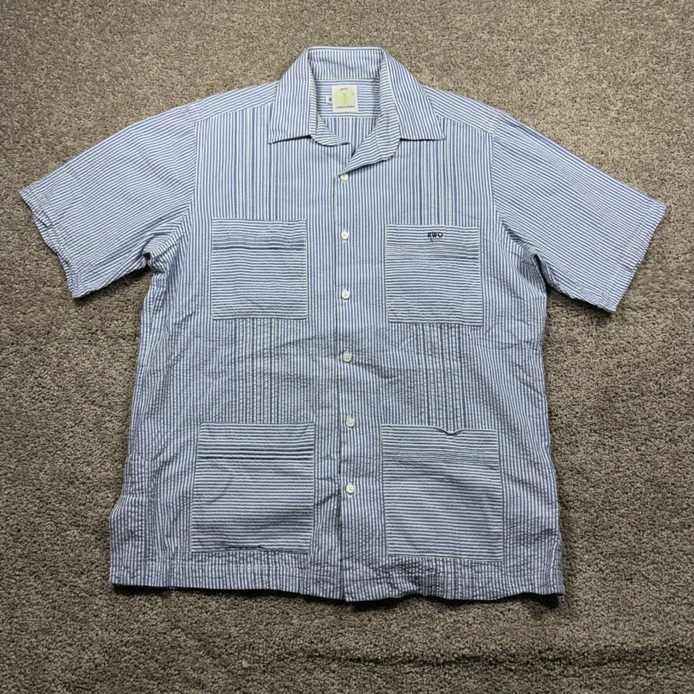 Dos Carolinas Mens Medium Blue White Seersucker Guayabera Short Sleeve Shirt RWO